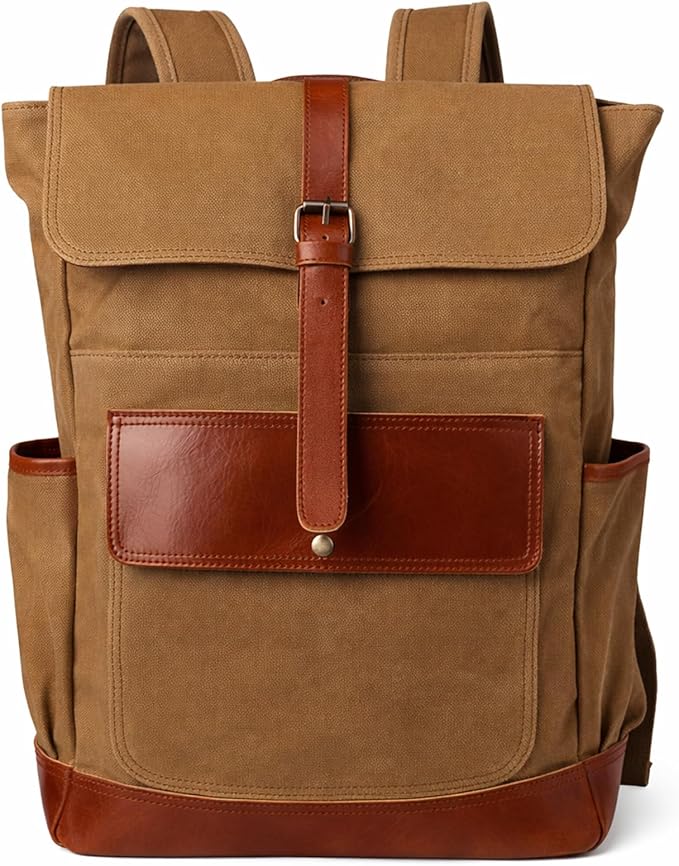 Heavy-Duty Wax Canvas with Top Layer Cowhide Retro Backpack Suitable for Men and Women'S Leisure/Hiking/Traveling/College Canvas Backpack(8431-Khaki)