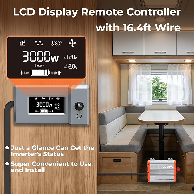 3000W Pure Sine Wave Inverter 12V DC to AC 110V/120V RV Inverter with Remote Solar Battery Inverter 12V Inverter for Power Outage Pickup Shed 2 AC Outlets USB Fast&ampType-C 2 LCD ScreensSurge6