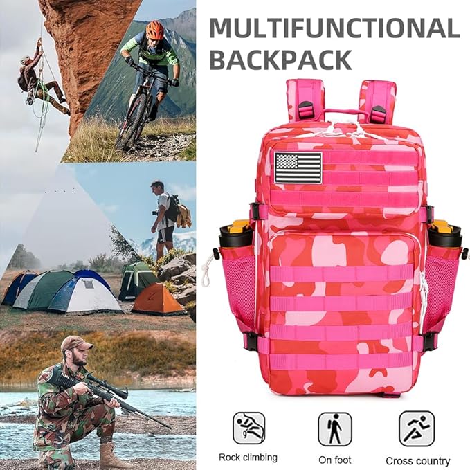 45L Military Tactical Backpacks 3 Days Assault Pack Bag Fitness Rucksack 3 Day Bug Out Bag Hiking Treeking Molle Daypack (Rose Red CP)