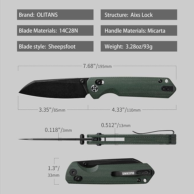 OLITANS G062 Folding Knife for EDC 14C28N Steel Blade Pocket knife Crossbar Lock Knife for Outdoor Survival Hunting and Camping 3.28oz（Micarta Green+Black Coating）