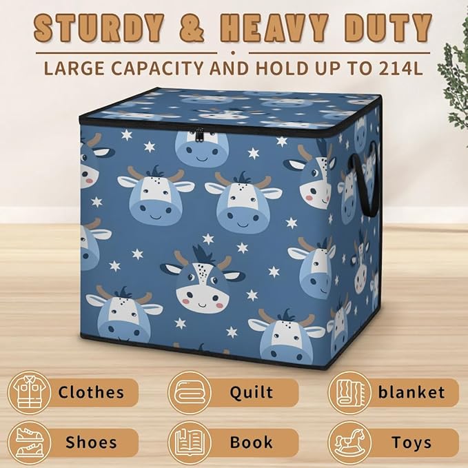 XL Large Clothes Storage with Lid Handle Cute Cow Large Thick Clothes Blanket Storage Containers for Organizing Bedroom Closet Comforter Organization Storage Funny Cow