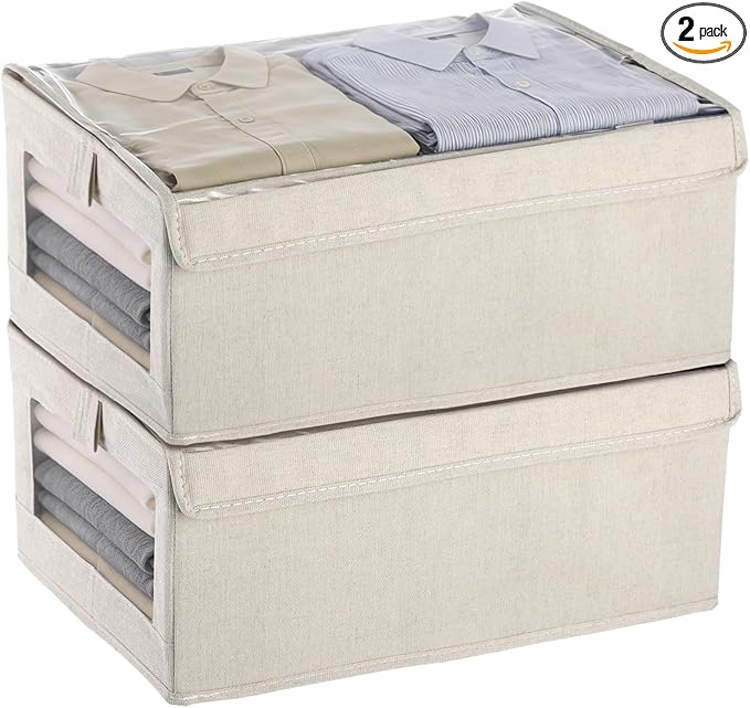 Joyibay Large Closet Storage Organizer 16x12x11Clothes Storage Bins with Handles &amp Window Collapsible Decorative Boxes with Lids Fabric Containers for Sweater Clothes Bags Shoes Bedroom Dorm