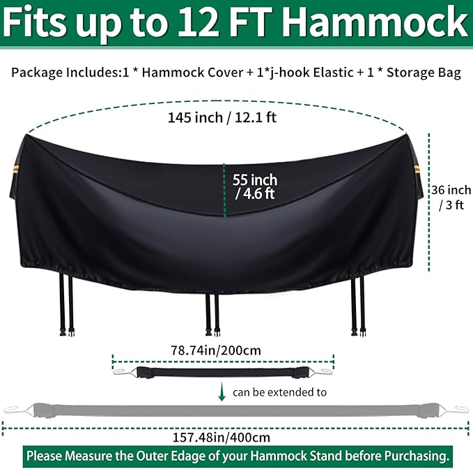 Hammock Covers for Outdoor Waterproof Durable 420D Hammock Cover for 12 ft Hammock Stand Windproof 3 Buckles &amp 1 Elastic Cord Airy VentReflective handleAll Weather Protection Hammock Rain Cov