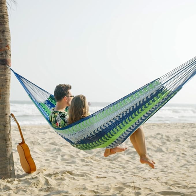 Lazy Daze Hammocks Handwoven Mayan Hammock 10.5 FT Soft Rope Double Hammocks Portable Outdoor Hammock with Carry Bag 2 Straps &amp Carabiners for Patio Outside 550 lbs Weight Capacity Blue/Green