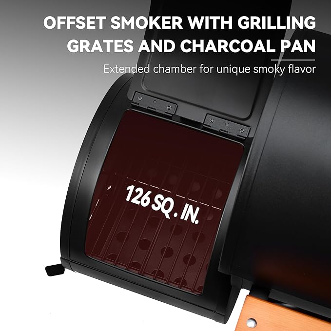 Royal Gourmet CC1624W Barrel Charcoal Grill with Offset Smoker 552 Sq. In. Cooking Area Wooden Front and Side Shelf with Hooks Mesh Bottom Shelf Charcoal Grill for Outdoor Grilling Black