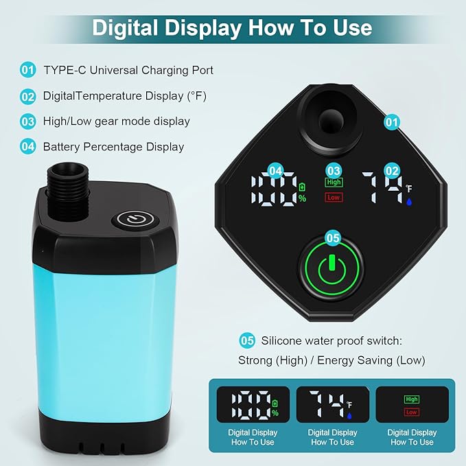 Portable Shower for Camping with 20L / 5.28 Gallons Foldable Bucket 7800mAh Rechargeable Shower Pump Outdoor Shower Kit with Digital Display for Hiking Travel Car Pet