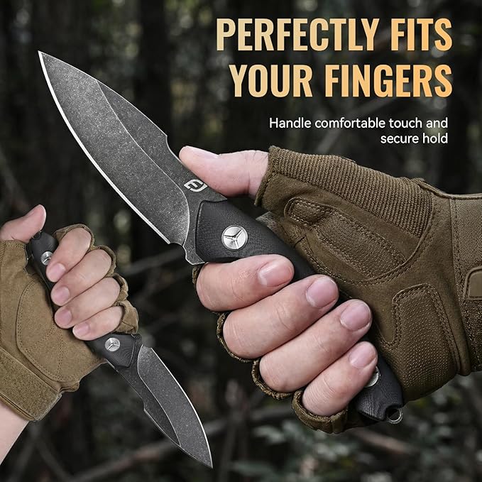 Emojoy Fixed Blade Knife with Sheath Black Stonewash Blade 4.33 Camping Knife with G10 Handle &amp Hidden Tool Full Tang Survival Knife for Camping Bushcraft - Includes Compass Whistle and Sheat