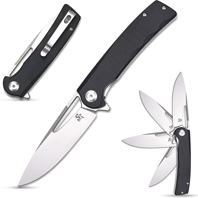 Sitivien ST126 Folding KnifeD2 Satin Blade+G10 HandlesLiner LockDeep Carry Pocket Clip for Outdoor and EDC(Black)