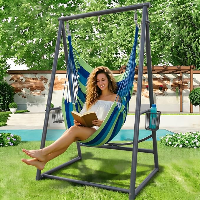 YOXIFOC Reinforced Base &amp Triangular Structure Hammock Stand with 2 Storage Baskets Swing Stand with 3 Hooks Fit for Most Hanging Chair for Oudoor&ampIndoor (with Chair) (Gray)