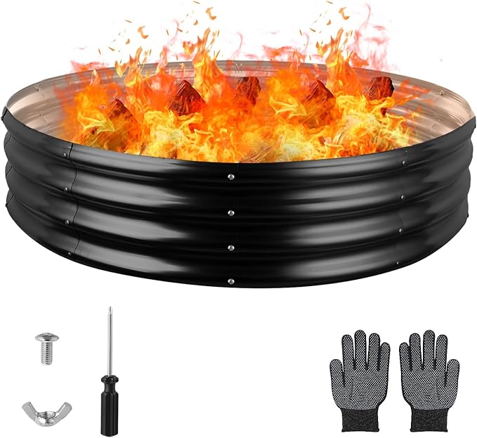 Raynesys 60 Inch Round Galvanized Fire Pit Ring Round Galvanized Fire Ring 5 Feet Diameter Round fire Pit Outdoor fire Pit for Backyard Camping Bonfire Black