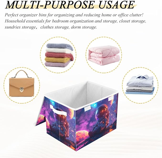 AIXIWAWA Lidded Storage Cube (Cute Astronaut) Fabric Foldable Closet Bins with Flip Lid and Handles Organizer Basket Container 16.5 x 12.6 x 11.8 IN
