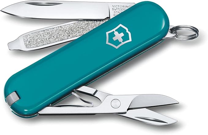 Victorinox Classic SD Swiss Army Knife Compact 7 Functions Swiss Made Pocket Knife with Small Blade Screwdriver and Key Ring - Mountain Lake (Torqouise)