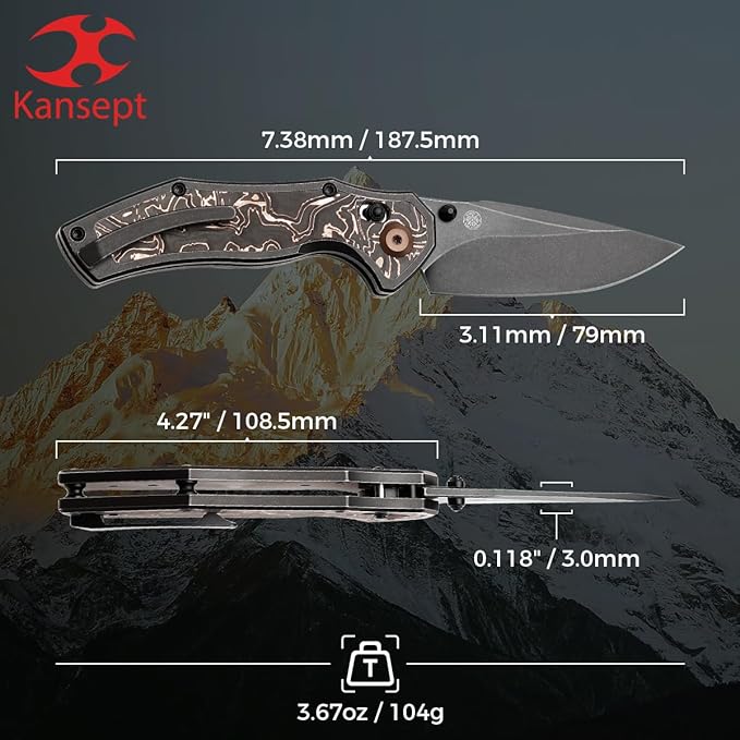 KANSEPT Apollo Pocket Knive 3.11Blackwash CPM S35VN Blade Titanium inlaid Copper Fatcarbon Handle with Thumb Stud Cross Bar Lock Folding for Men Women Sharp Camping Survival Hiking Knives K2107V3