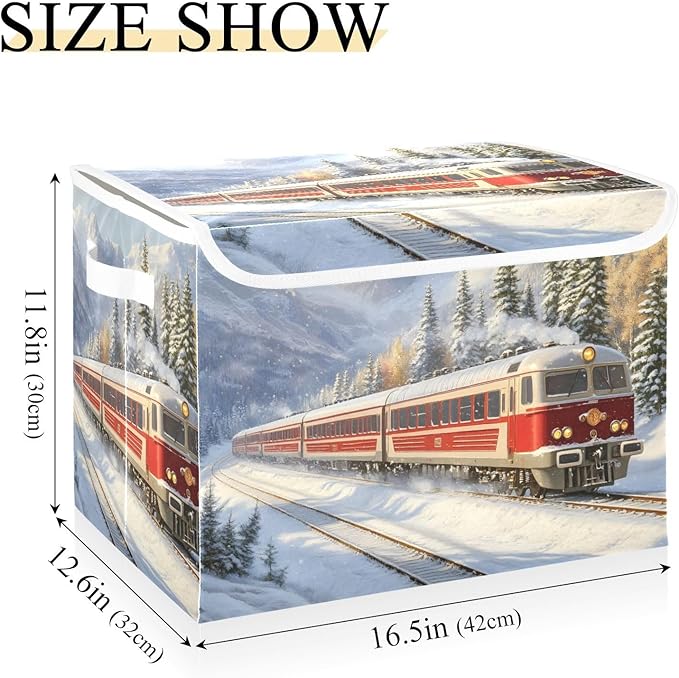 Storage Cube with Lid Snow Train Print 16.5×12.6×11.8 IN Collapsible Large Capacity Foldable Storage Basket Bin Organizer
