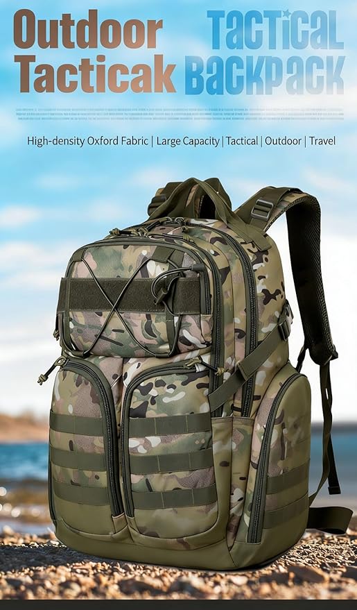 LINGYUE Tactical Camo Backpack Waterpoof Resistant Outdoor Hiking Travel Bagpack Daypack With 14 Laptop Compartment Multi-Pocket(F)