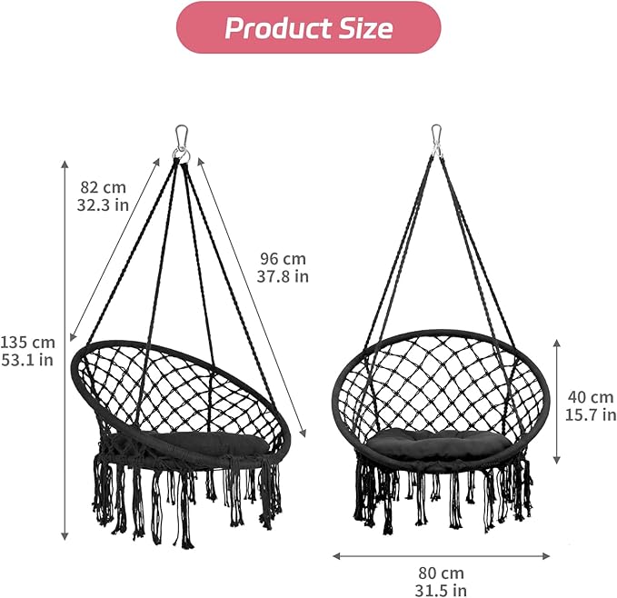 Vohala Macrame Hanging Chair Hammock Chair with Large Comfy Cushion Boho Swing Chair for Bedroom Patio Balcony Garden Holds up to 264 lb Accessories Included Cream White