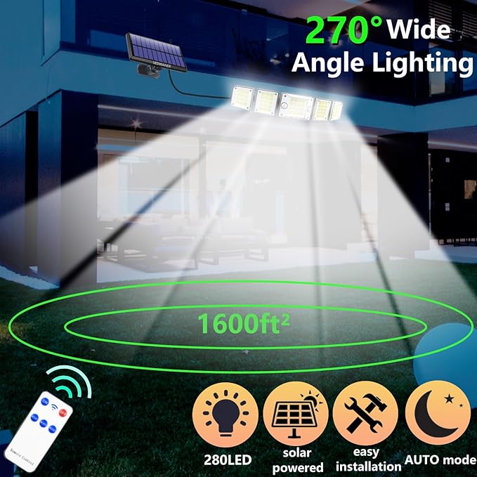 Solar Outdoor Lights - 7600Lum 240° Dual Motion Sensor 560 LED Separate Panel16.5Ft CableDusk to Dawn Lighting Mode Security Solar Powered Flood Light for Porch Yard Shed Wall