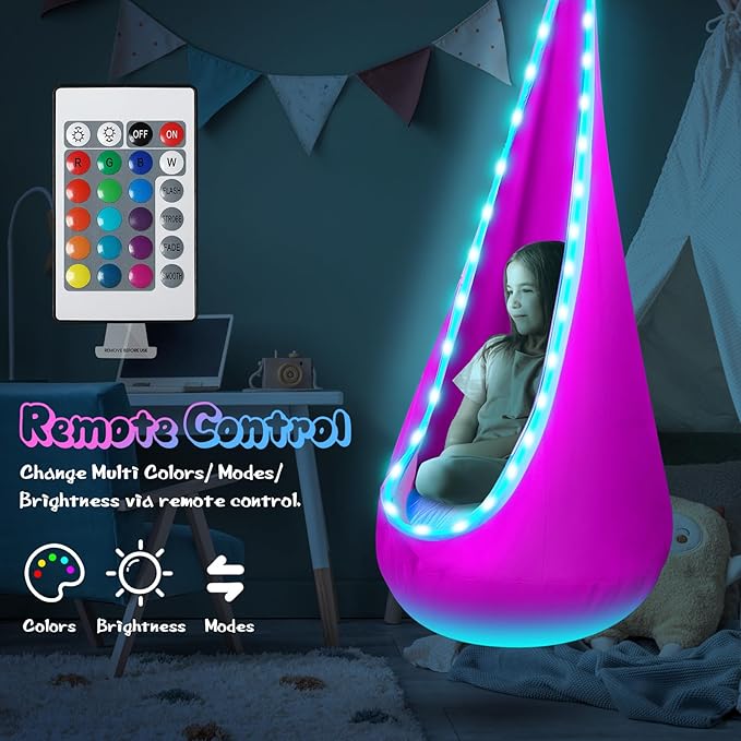 Light Up Kids Pod Swing Seat Upgraded Kids Hanging Hammock Swing with LED Lights Cotton Sensory Pod Swing Chair with Inflatable Pillow Pod Swing for Kids Indoor &amp Outdoor (1 PCS) (Pink)