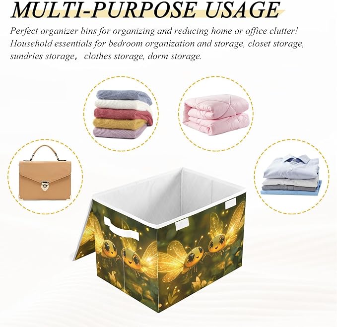 AIXIWAWA Lidded Storage Cube (Bees Golden) Fabric Foldable Closet Bins with Flip Lid and Handles Organizer Basket Container 16.5 x 12.6 x 11.8 IN