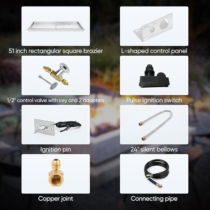 FAHKNS 48 x 14 Rectangular Fire Pit Pan Kit for Indoor or Outdoor Large Built-in Fire Table. Stainless Steel Drop-in Fire Pit Pan with H-Shaped Burner Spark Ignition Kit