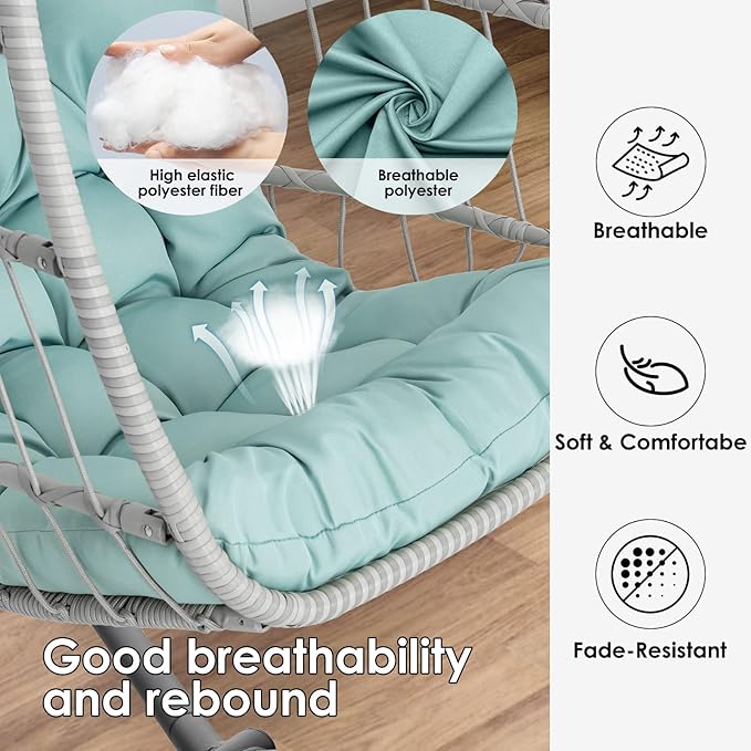 Egg Hanging Chair with Stand Hammock Egg Chair Indoor Outdoor Wicker Rattan Hanging Swing Chair Basket Egg Chair Aluminum Steel Frame and UV Resistant Cushion for Bedroom Garden Backyard Light Blue
