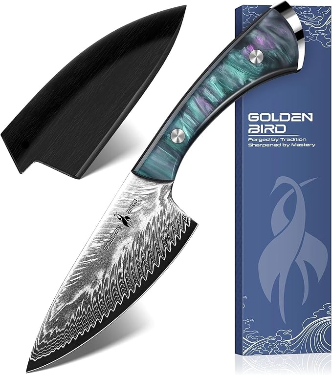 Golden Bird Damascus Steel Knife for Kitchen and Outdoor - Hand Forged Camping Cooking Knife with Resin Handle All Purpose Small Kitchen Knives with Sheath Gift for Men &amp Women