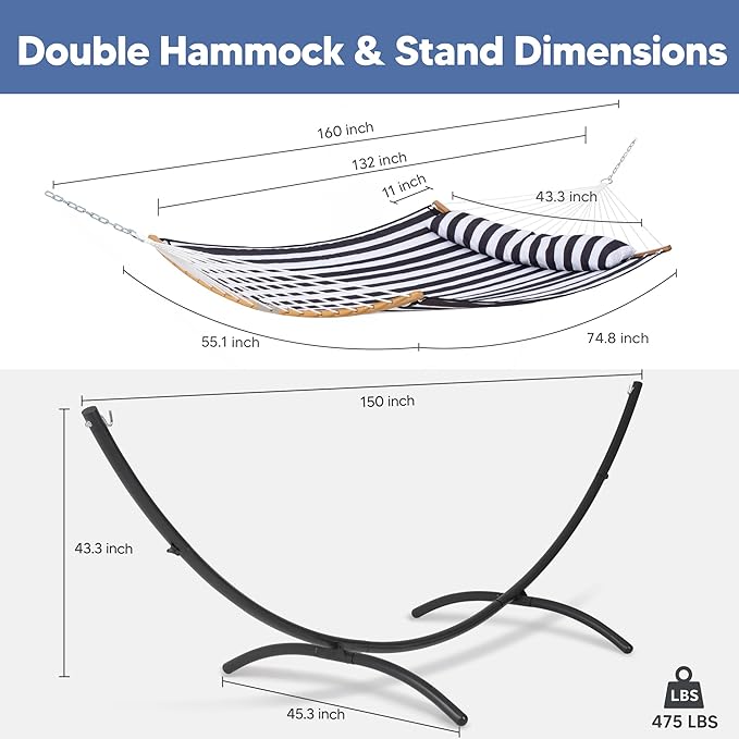 SUNCREAT Hammocks for Outside with Stand Porch Hammock and Stand 475 lbs Capacity Patent Pending Black &amp White