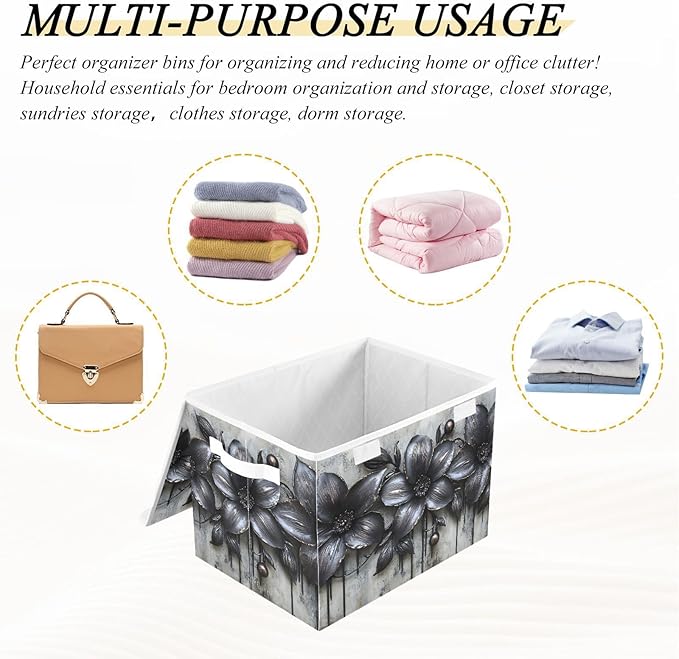Storage Cube with Lid Elegant Black Flowers Print 16.5×12.6×11.8 IN 1 Pack Collapsible Large Capacity Foldable Storage Basket Bin Organizer