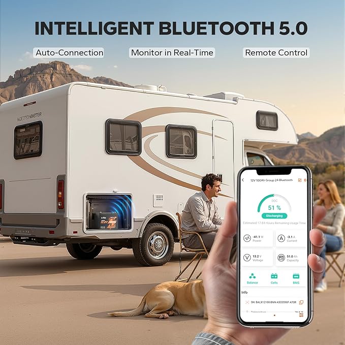 Litime 12V 100Ah Group 24 Bluetooth LiFePO4 Battery Deep Cycle Lithium Battery Built-in 100A BMS with Low-Temp Protection Max. 15000 Cycles Perfect for RV Solar System Trolling Motors etc
