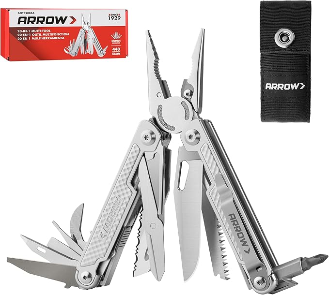 ARROW 20-In-1 Multi Tool Pliers Stainless Steel EDC Multitool with Pocket Knife Sheath and Pocket Clip Safety Locks Multi-Use Tool for Outdoor Camping Hiking