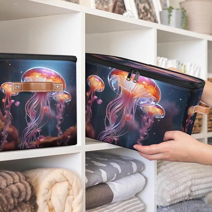 Storage Bins with Lids Jellyfish Ocean Storage Basket Clothes Organizer with Handles Closet Storage Containers for Clothing Bedding Blanket