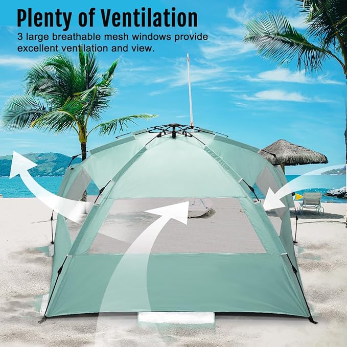 WhiteFang Deluxe Pop Up Beach Tent Sun Shade Shelter for 3-4/5-6 Person UV Protection Extendable Floor with 3 Ventilating Windows Plus Carrying Bag Stakes and Guy Lines