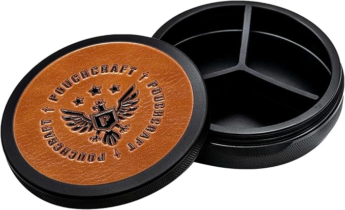 Leather-Faced Metal Pouch Can | Aluminum Container for Pouches with Removable Silicone Divider | Airtight O-Ring Moisture Odor Proof EDC Pocket Tin | Insignia Edition (Black)