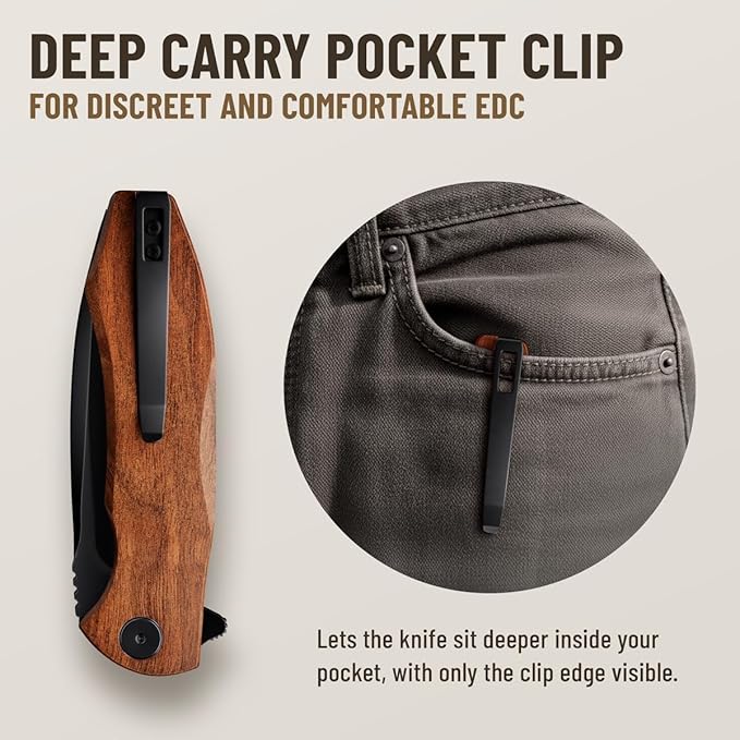 High-End Folding Pocket Knife – D2 Steel Blade Guibourtia Wood Handle &amp Smooth Ball Bearing Pivot – Elegant Gift-Ready EDC Knife with Deep Carry Clip Legal in All States - Gifts for Men 6700 NEW
