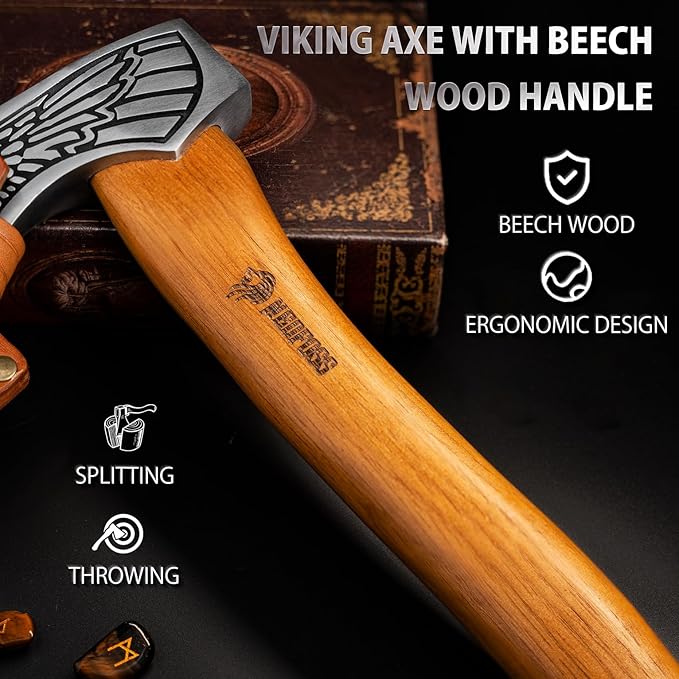NedFoss 13 Valkyrie Viking Axe Handmade Viking Hatchet with Leather Sheath High Carbon 1055 Steel Blade Premium Viking Axes Design for Camping Bushcraft Hatchet Collection Gift for Men Women