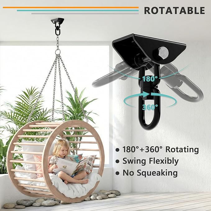 360°Rotating Hammock Hanging Kit Heavy Duty 1200 lb Capacity Stainless Steel Hanging Swing Hooks 2 Pack Swing Hanger for Yoga Hammock Chair Sandbag Swing Sets(Black