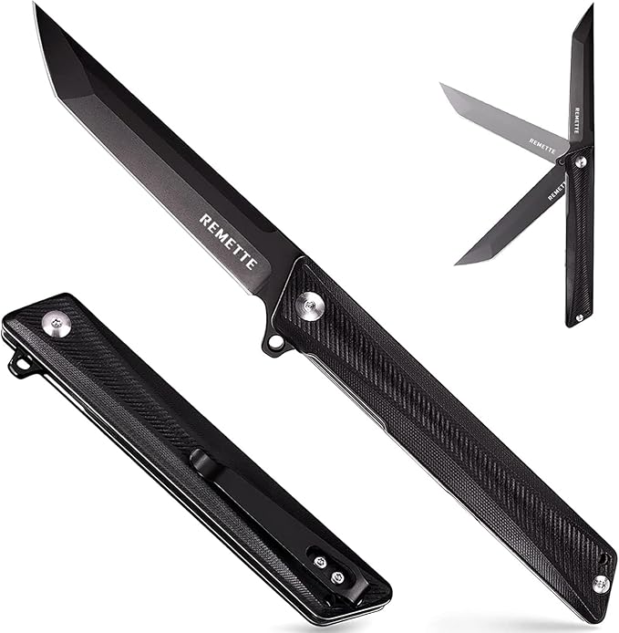REMETTE Tactical Folding Pocket Knife GD22K 3.6 Black PVD Tanto Blade Flip Open with Durable G10 HandleMen Women Everyday Carry EDCSharp Camping Hiking Daily Work Knives