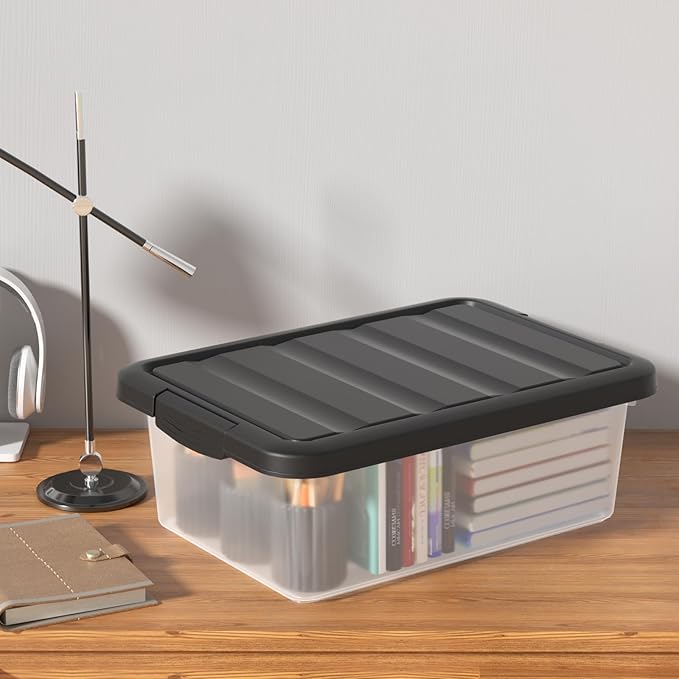Vcansay 2 Pack 14 Quart Plastic Clear Latching Storage Container Frosted Stackable Bin with Black Lid Under Bed Storage Boxes for Closet Pantry Home Organization