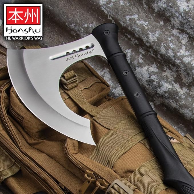 HONSHU Karito Battle Axe with Leather Sheath - 7Cr13 Stainless Steel Blade Impact-Resistant Injection-Molded Nylon Handle EDM Textured - Tradition and Innovation - Great for Breaching - Length 27”