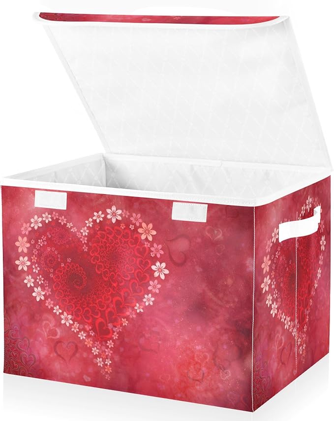 senya Valentines Storage Baskets Collapsible Storage Bins with Lids Floral Heart Storage Boxes Clothes Baskets for Organizing