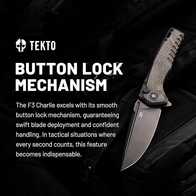 TEKTO F3 Charlie Button Lock Folding Knife Oversized Fine Edge Blade - Easy Open Pocket Knife with Titanium Coated D2 Steel &amp Black Titanium Barrel Spacers