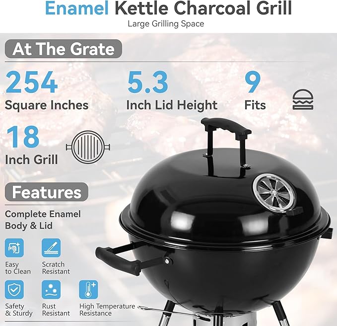 MFSTUDIO 18 Kettle Charcoal Grill Portable Porcelain-Enameled BBQ Grill with Slide Out Ash Catcher for Outdoor Barbecue Cooking Black