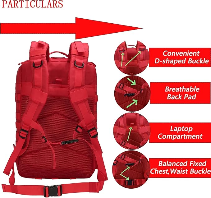 50L Military Tactical Backpack Training Gym Fitness Bag Outdoor Hiking Camping Army Molle Backpacks for Women Travel (Red)