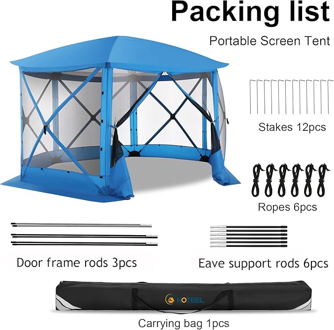 COBIZI 12x12FT Pop Up Gazebo Screen Tent Screen House for Camping Screen Room with Mosquito Netting Hub Tent Instant Screened Canopy with Carrying Bag and Ground Stakes Blue(Upgraded)