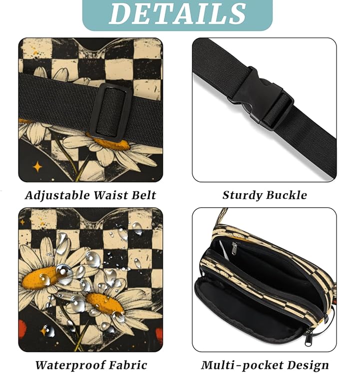 Love Grid Chrysanthemum Waterproof Fanny Pack for Women Men Adjustable Waist Bag with Double Zipper Pockets Lightweight Square Hip Pack for Running Travel Hiking Workout Cycling