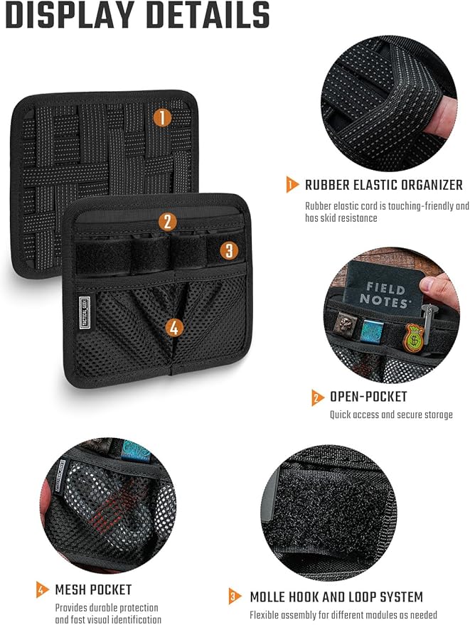 TACTICAL_GEEK TCM8 EDC Organizer Board Anti-Slip Elastic Woven Board Utility Bag Insert Panel for Small Gear Backpack Accessories with Open Pocket &amp Mesh Pocket (Black)