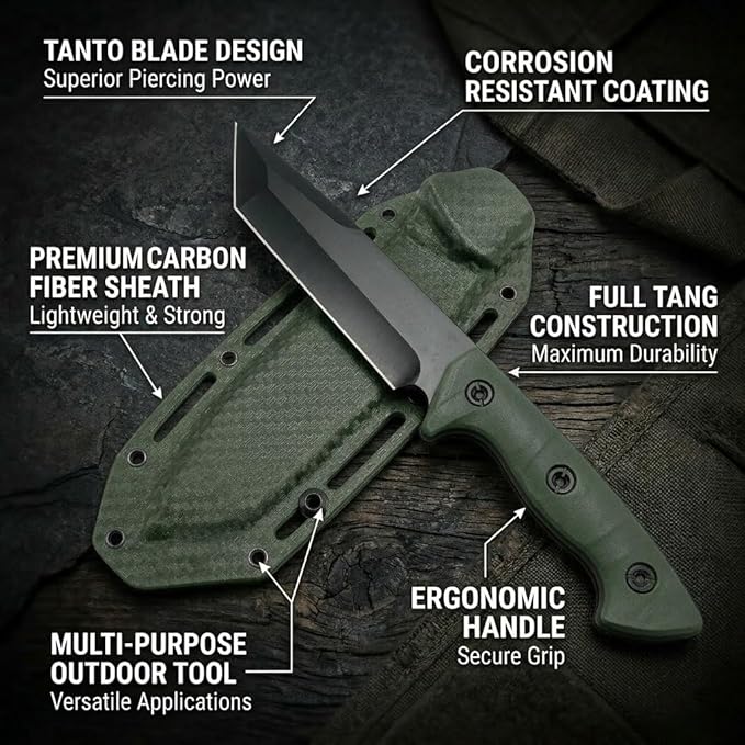 10 Fixed Blade Survival Knife with ABS Sheath - High Hardness Stainless Steel Tanto Blade Outdoor Utility Tool for Camping Hiking &amp Bushcraft - Ergonomic Lightweight Gear Black/Green (green)