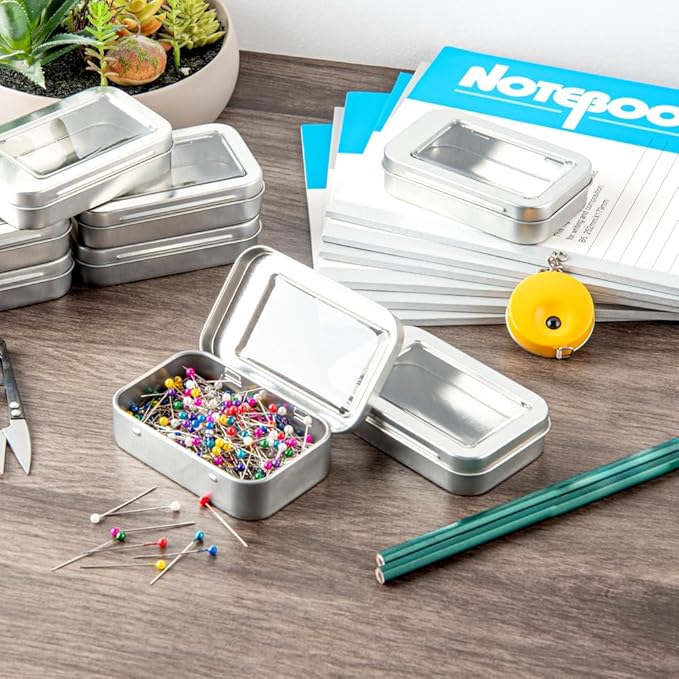 Restaurantware-RW Base 4.5 Ounce Rectangular Tin Containers 100 Durable Tin Boxes With Lids - Clear Window Lids Rounded Edges Silver Storage Containers Customizable Fits Mints Or Pills
