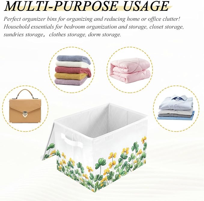 senya St. Patrick's Day Baskets Collapsible Storage Bins with Lids Border Of Green Clover Yellow Flowers Storage Boxes Clothes Baskets for Organizing