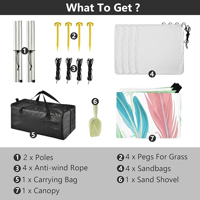 xigua Feathers Beach Tent Sun Shelter with Carrying Bag - Silver Coated Oxford Fabric Beach Canopy for Beach Camping Fishing - Includes Windproof Ropes Sandbags &amp Stakes